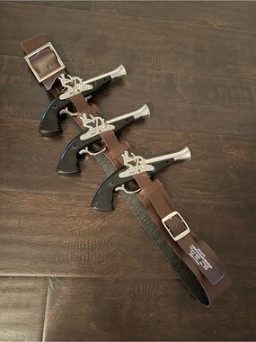 Men's Brown Triple Holster Belt with Decorative Pistols